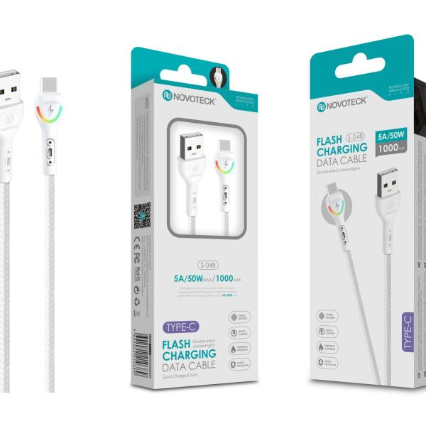 Cabo Type-C Branco 5A 50W 1M S-048 com Luz Indicador