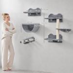 Prateleiras de Parede para Gatos 4 Peças com Rede Plataforma Semicircular Plataformas de Salto e Poste de Sisal Cinza