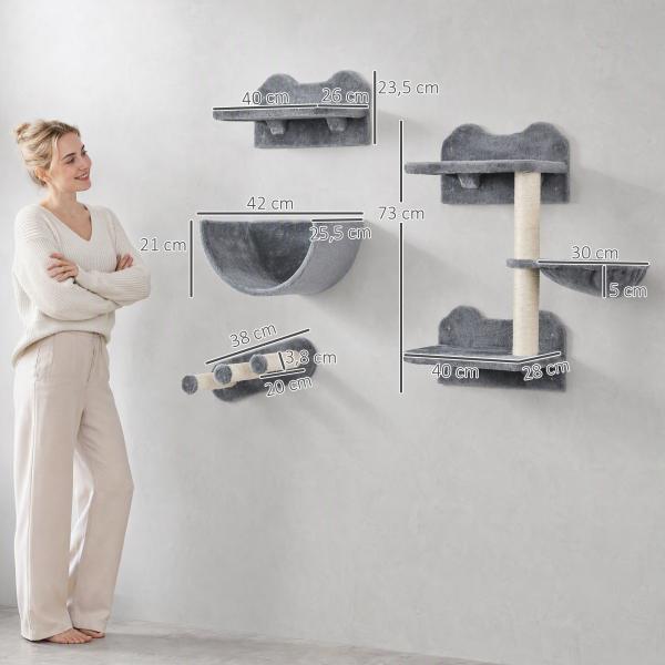 Prateleiras de Parede para Gatos 4 Peças com Rede Plataforma Semicircular Plataformas de Salto e Poste de Sisal Cinza