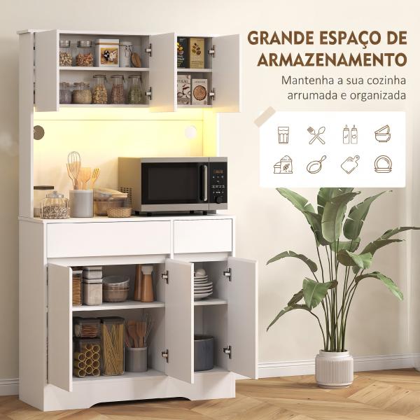 Armário de Cozinha com Luz LED RGB, Bancada para Micro - ondas, 6 Portas, 2 Gavetas, Prateleiras Ajustáveis e Comando à Distância, Branco