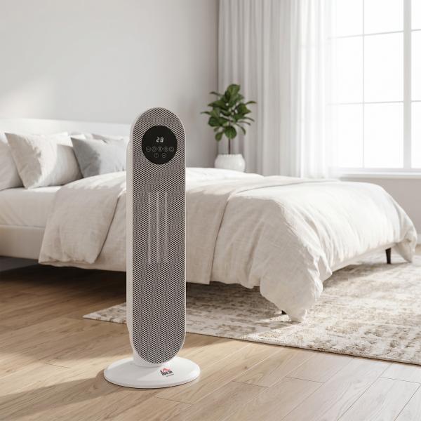 Aquecedor Elétrico Cerâmico PTC 1300/2000 W com Controlo Remoto, Oscilação 45°, Temporizador 12 h, Branco