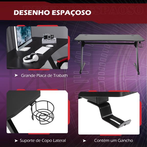 Secretária tipo gaming mesa de escritório com suporte para copos gancho e pés ajustáveis ​​120x65x74,5 cm preto