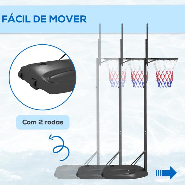 Tabela de Basquetebol com Altura Ajustável 216 - 277 cm Aro de Basquetebol para Exterior com Rodas e Base Recarregável Preto