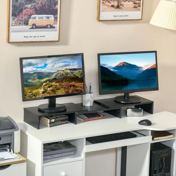 Suporte Elevado para Monitores de Madeira Ajustável em Comprimento e Ângulo para 2 Monitores Notebook 80 - 117x23,5x10cm Preto