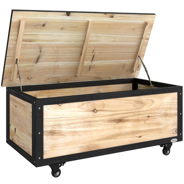 Baú de Exterior 121 L Baú de Armazenamento em Madeira com 4 Rodas para Jardim Pátio Varanda 100x50x43 cm Natural e Preto