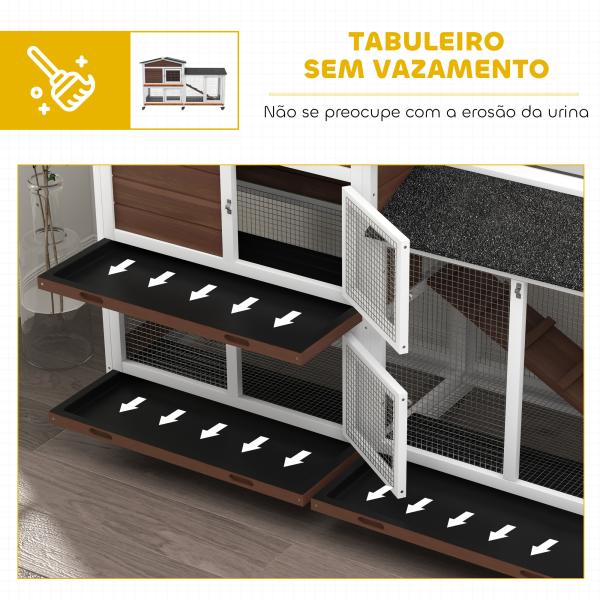 Casota para Coelhos para Exterior 157,4x53x99,5 cm Gaiola Grande com Rodas, Telhado Asfáltico, Tabuleiros Removíveis e Rampa Castanha