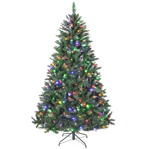 Árvore de Natal 210 cm com Luzes LED 9 Modos de Iluminação 1160 Ramos e Neve Artificial Verde