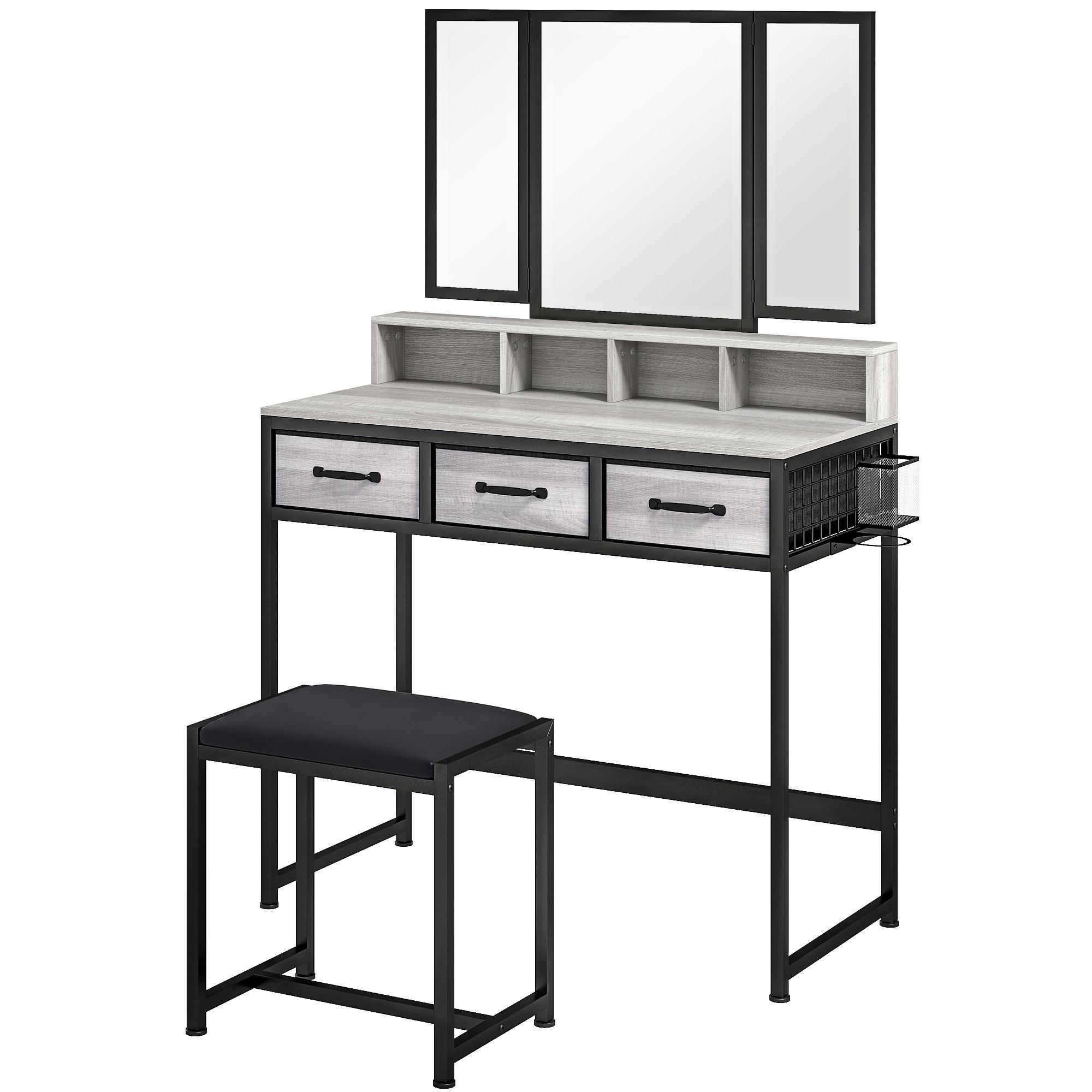 Toucador de Maquilhagem com Espelho Tríptico Removível, Banco Prateleiras e Suporte para Secador 90x40x141 cm Cinzento