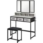 Toucador de Maquilhagem com Espelho Tríptico Removível, Banco Prateleiras e Suporte para Secador 90x40x141 cm Cinzento