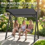 Baloiço de Jardim de 3 Lugares com Teto Ajustável UPF50+ Assento Transpirável e Estrutura em Metal 188x130x183 cm Cinza