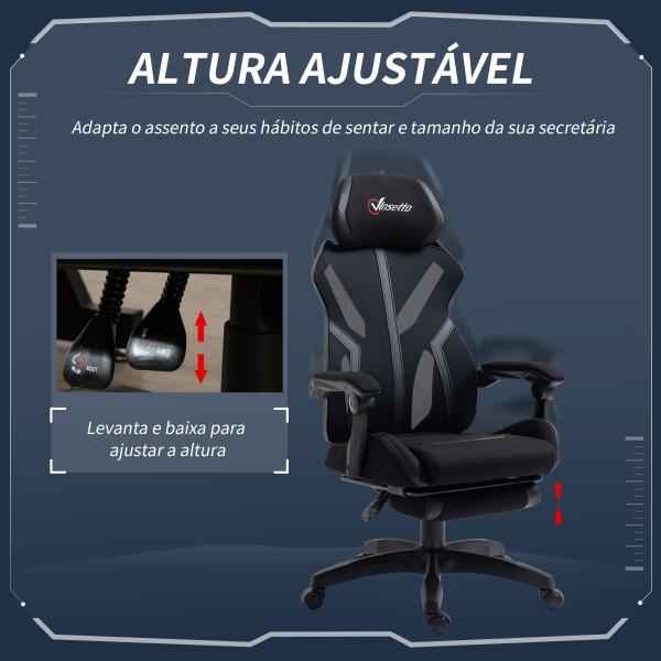 Cadeira de Gaming com Apoio para os Pés Retrátil Cadeira de Escritório Reclinável com Apoio para a Cabeça e Altura Ajustável 65x65x119 - 129cm Preto