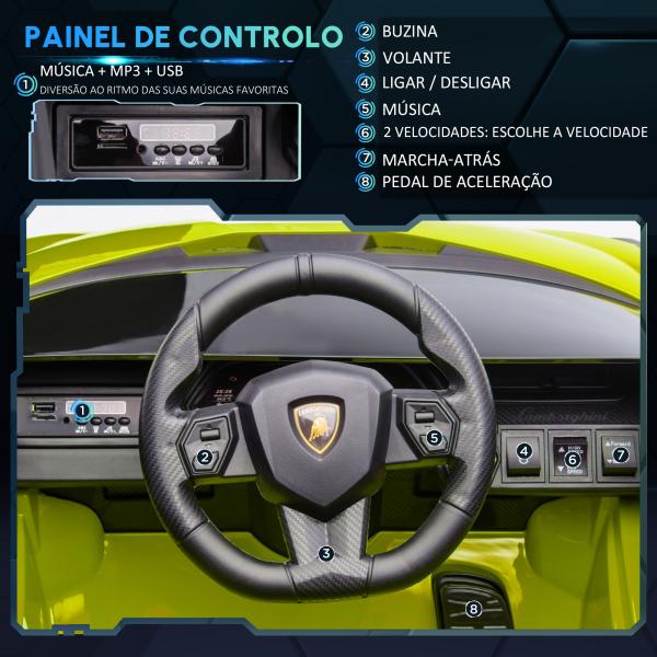 Carro Elétrico Infantil Lamborghini SIAN 12V para Crianças de 3 - 8 anos com Controle Remoto Abertura da Porta Música MP3 USB e Faróis 108x62x40 cm Verde