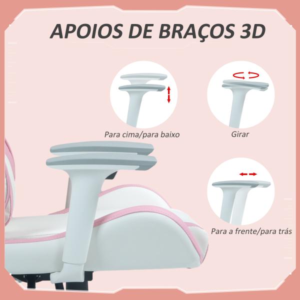 Cadeira Gaming Reclinável com Almofada Lombar Apoio de Cabeça Basculante e Altura Ajustável 67x60x120 - 128 cm Branco e Rosa