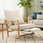 Poltrona Baloiço com Encosto Ajustável de Veludo Cotelê Nórdica Pés de Madeira Braços Almofada Lombar 70x89x97,5 cm Creme