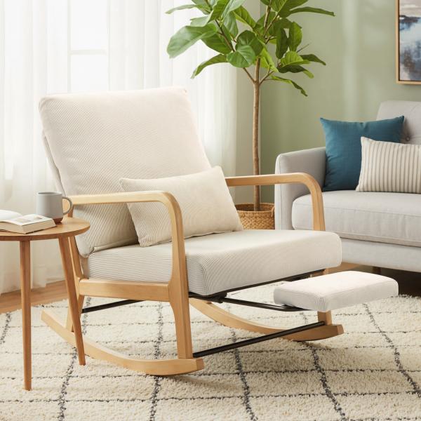 Poltrona Baloiço com Encosto Ajustável de Veludo Cotelê Nórdica Pés de Madeira Braços Almofada Lombar 70x89x97,5 cm Creme