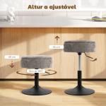 Banco de Bar com Armazenamento Altura Ajustável Giratório Estofado em Chenilla 39x39x49 - 65 cm Cinzento