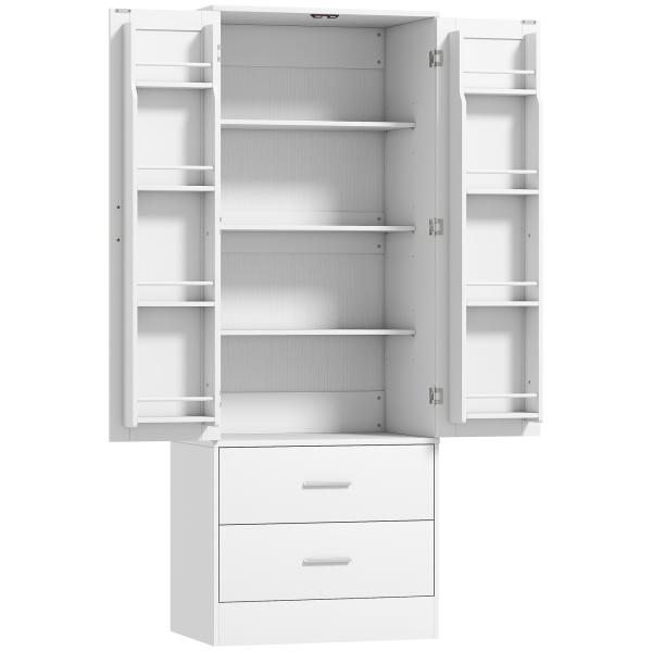 Armário Despenseiro de Cozinha com 2 Portas, 8 Prateleiras na Porta, 2 Gavetas e Prateleiras Ajustáveis, 60x40x159 cm, Branco