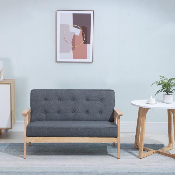 Sofá de 2 Lugares com Encosto e Almofadas Acolchoados Pés de Madeira Antiderrapantes para Sala de estar Dormitório Oficina 114x66x69 cm Cinza