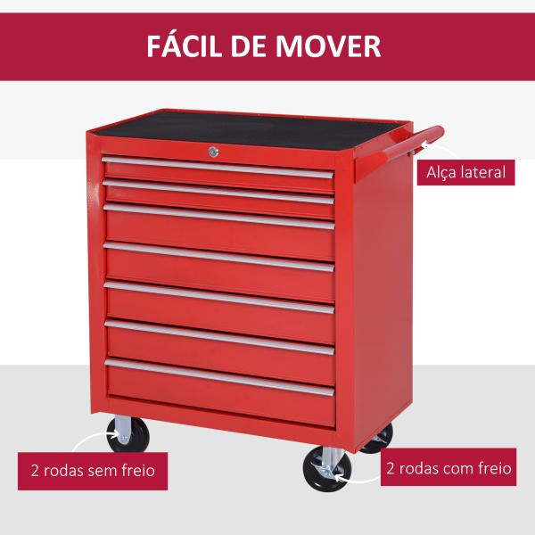 Carrinho de Ferramentas com 7 Gavetas Rodas Trava Armário de Armazenamento para Oficina de Garagem e Chapa de Aço 69x33x75 cm Vermelho