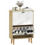 Sapateira Estreita com 2 Portas em Branco Brilhante e Estantes Ajustáveis Pés de Madeira para 12 Pares de Sapatos 60x24x91 cm