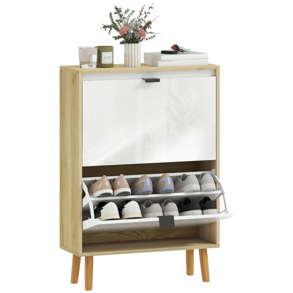 Sapateira Estreita com 2 Portas em Branco Brilhante e Estantes Ajustáveis Pés de Madeira para 12 Pares de Sapatos 60x24x91 cm