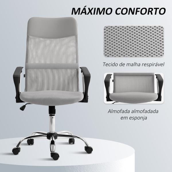 Cadeira de Escritório de Tecido de Malha Encosto para a Cabeça de PU Mecanismo de Inclinação 63x65x109 - 119 cm Cinza
