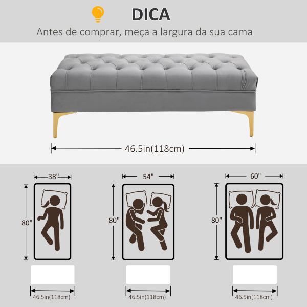 Banco de Pé de Cama com Assento Acolchoado e Pés Metálicos Banco para Entrada Corredor Capacidade 120 kg 118x45x42 cm Cinza