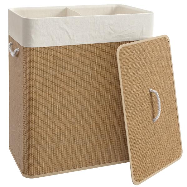 Cesto de Roupa com Tampa 100L de Bambu com 2 Compartimentos Bolsa Interior Amóvivel 52x32x63 cm Marrom e Creme