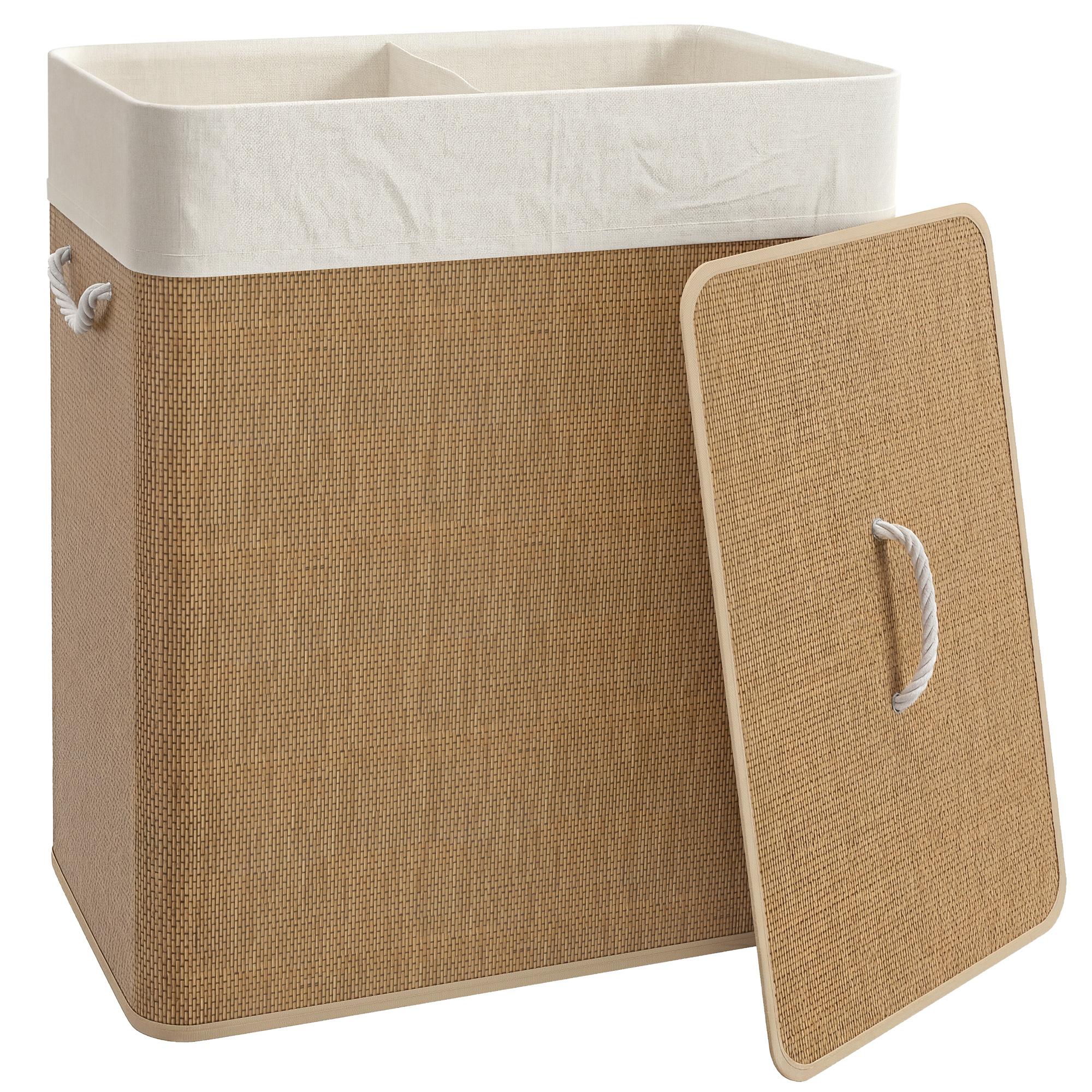 Cesto de Roupa com Tampa 100L de Bambu com 2 Compartimentos Bolsa Interior Amóvivel 52x32x63 cm Marrom e Creme