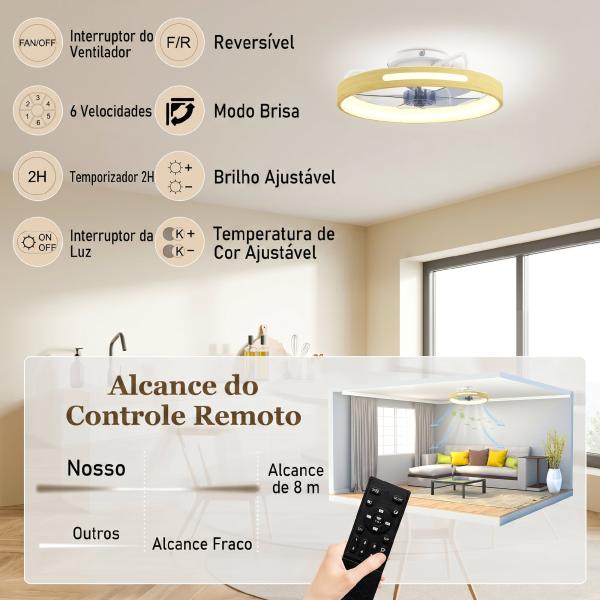 Ventilador de Teto com Luz LED 40 W Motor DC Reversível Comando 6 Velocidades 3 Cores Temporizador Madeira