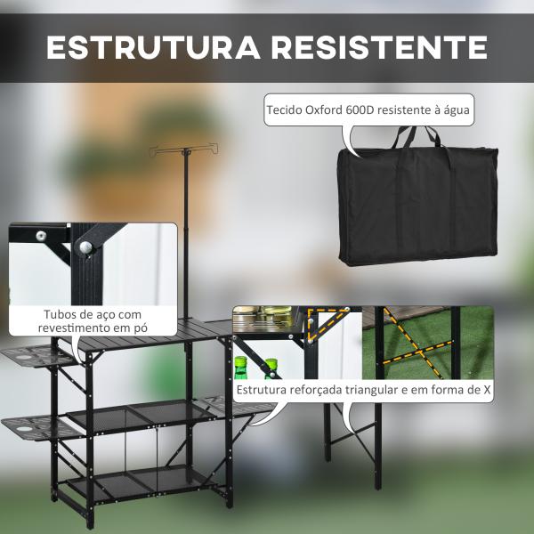 Mesa de Campismo de 3 Níveis Dobrável com Prateleiras de Armazenamento Suporte para Candeeiro e Bolsa de Transporte 173x52x80 - 174 cm Preto