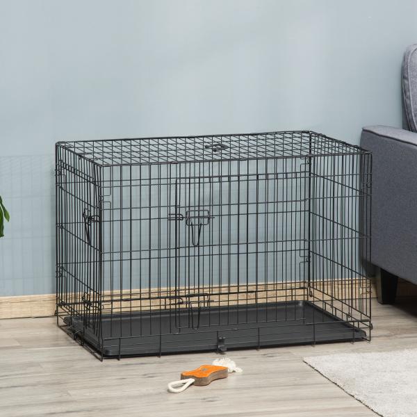 Gaiola para Cães com 2 Portas Gaiola para Animais de Estimação Dobrável com Alça de Transporte Aço 92x57x62,5cm Preto