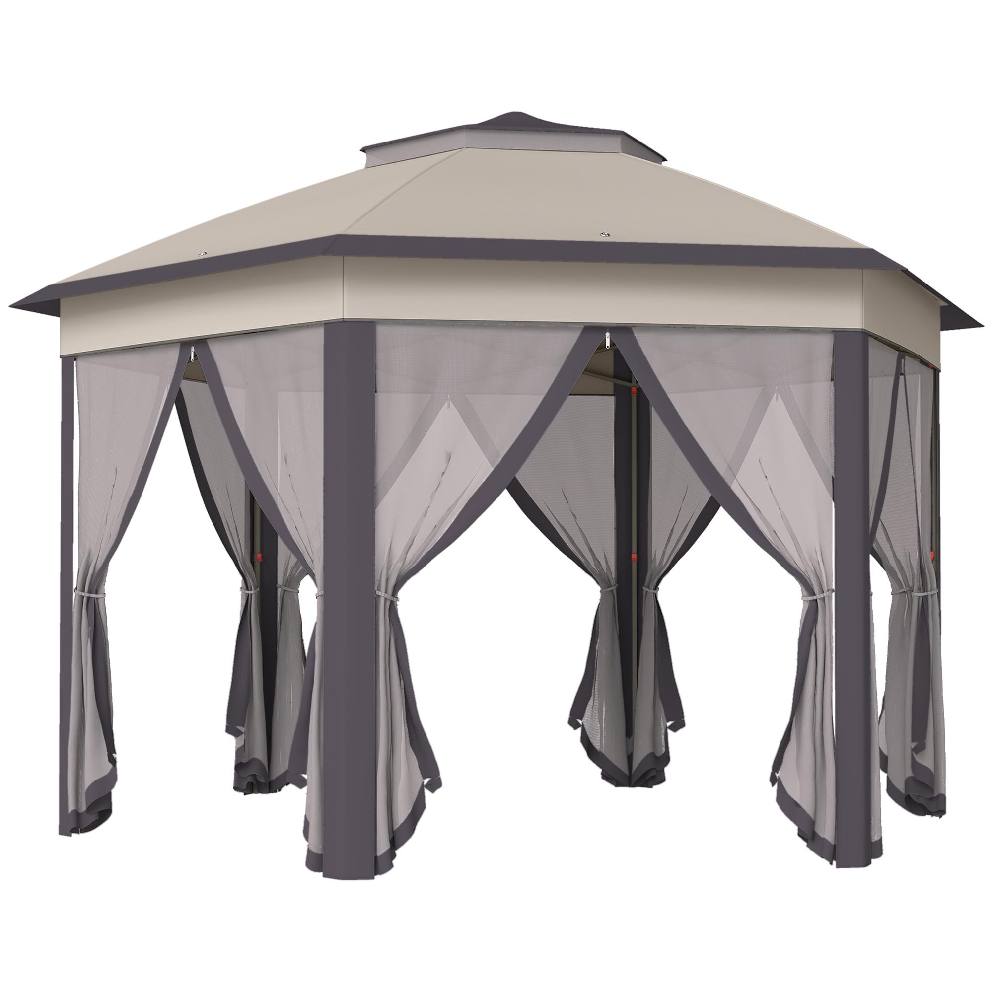 Tenda Dobrável 4x3,4 m Hexagonal com Duplo Teto 6 Mosquiteiras Destacáveis e Saco de Transporte Castanho e Bege