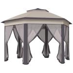 Tenda Dobrável 4x3,4 m Hexagonal com Duplo Teto 6 Mosquiteiras Destacáveis e Saco de Transporte Castanho e Bege