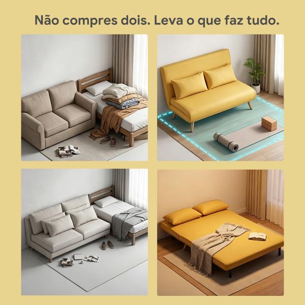Sofá - Cama de 2 Lugares Dobrável Estofado em Linho com Encosto Ajustável em 5 Posições e 2 Almofadas Amarelo