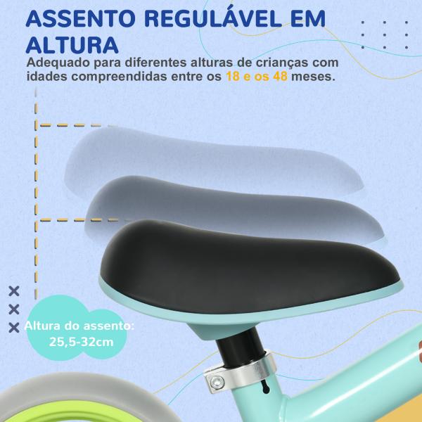 Bicicleta sem Pedais para Crianças de 18 - 48 Meses Bicicleta de Equilíbrio com Assento Ajustável em Altura 66,5x34x47 cm Verde