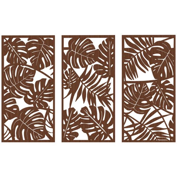 Decoração de Parede em Madeira 3D 3 Peças 40x80 cm Adornos de Parede com Padrão de Folhas Tropicais Nogueira