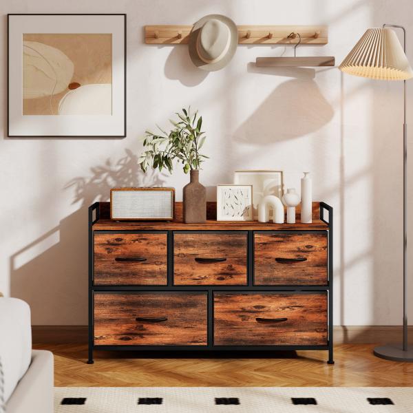 Cómoda com 5 Gavetas de Tecido Cómoda de Estilo Industrial com Estrutura Metálica para Quarto 98x29x63 cm Castanho Rústico
