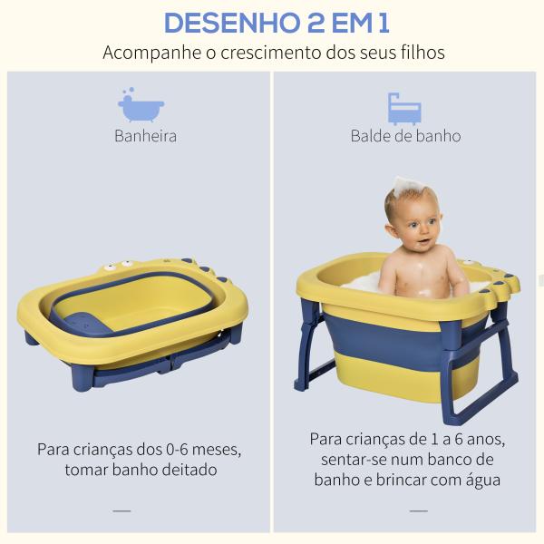 Banheira Dobrável para Bebé de 0 - 6 Anos Capacidade 105L Banheira Portátil para Crianças 75,3x55,4x43cm Amarelo e Azul