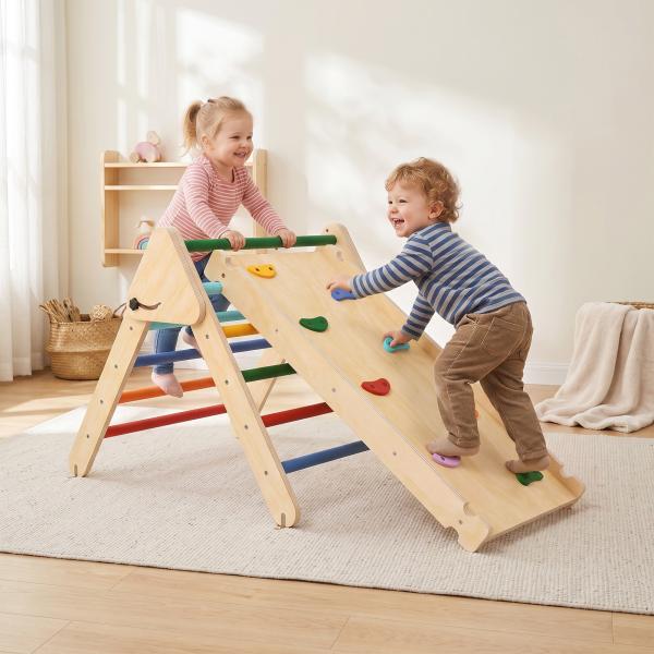 Triângulo de Escalada de Madeira 2 em 1 Escalada para Crianças de 18 - 48 Meses com Rampa para Deslizar ou Escalar 147x64,5x63 cm Multicor