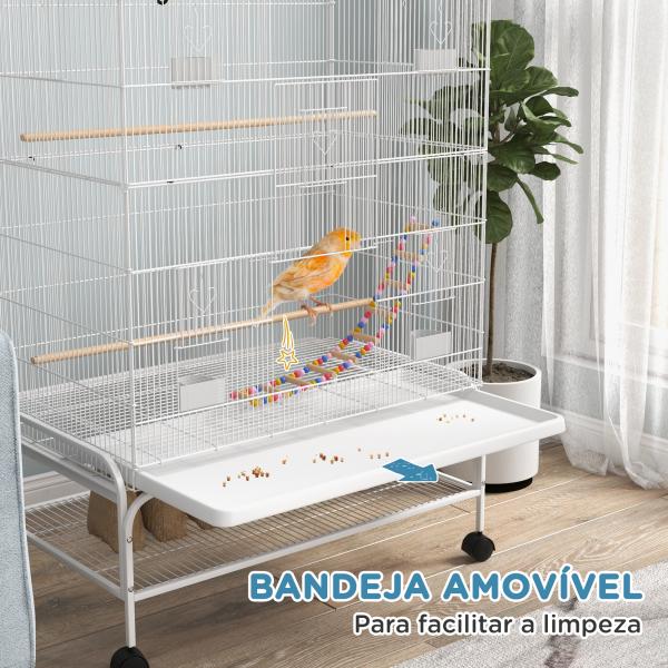 Gaiola para Pássaros com Rodas com 4 Comedouros 3 Poleiros Brinquedos Bandeja Amovível e Prateleira 79x49x133 cm Branco