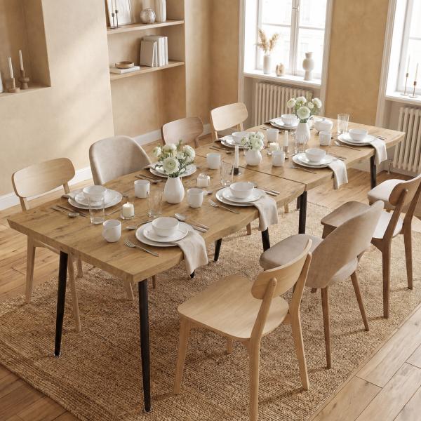 Mesa de Jantar Nórdica para 4 Pessoas, Tampo Espesso e Bordos Curvos, 110x70x75 cm, Carvalho