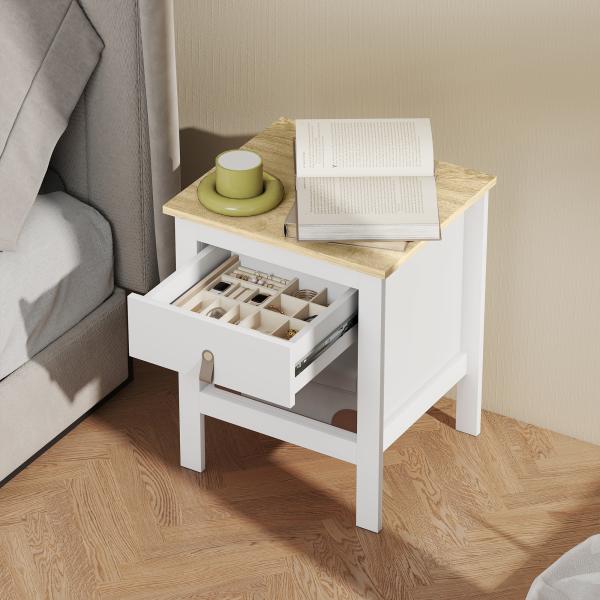 Mesa de Cabeceira Moderna Mesa de Cabeceira com 1 Gaveta Compartimento Aberto Puxador de PU 45x40x55 cm Branco