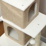 Arranhador para Gatos em Borrego com 2 Cavernas Plataformas Bolas Suspensas e Poste de Sisal 48x40x140 cm Marrom Claro