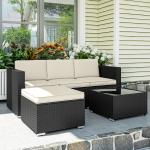Conjunto de Móveis de Vime de Jardim 3 Peças Sofá de 3 Lugares com Almofadas e Mesa de Centro com Bancada de Vidro Preto e Bege