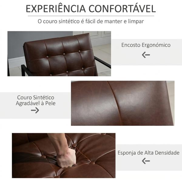 Cadeirão Chesterfield para Sala ou Escritório, Assento e Encosto Capitoné, Estrutura em Metal Preto, Pele Sintética Chocolate