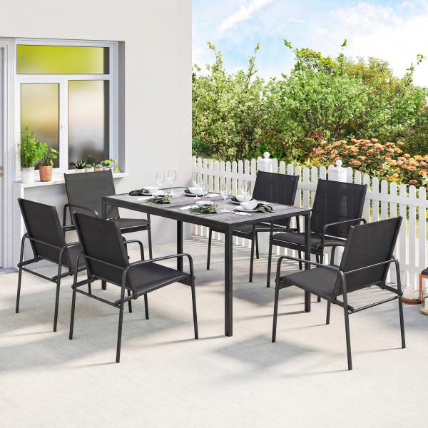 Conjunto de Mesa e Cadeiras de Jardim de 7 Peças com Mesa com Efeito Madeira e 6 Cadeiras com Assento Respirável Preto