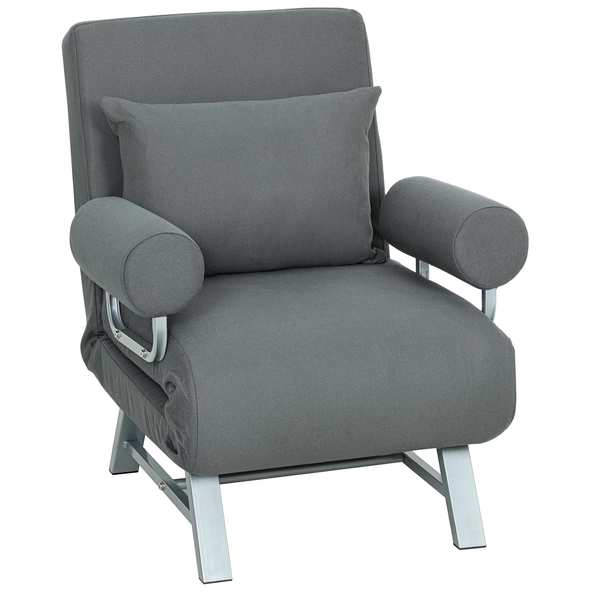 Sofá Cama Dobrável Estofado em Linho Sintético com Encosto Ajustável em 5 Níveis e Almofada Acolchoada 73x78x81 cm Cinzento Escuro