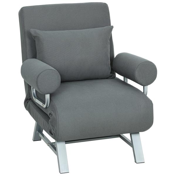 Sofá Cama Dobrável Estofado em Linho Sintético com Encosto Ajustável em 5 Níveis e Almofada Acolchoada 73x78x81 cm Cinzento Escuro