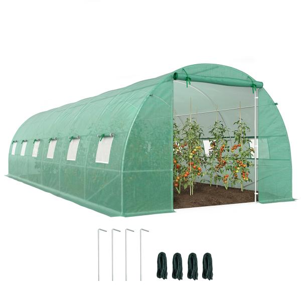 Estufa tipo Túnel 8x3x2m Aço e PE 140 g/m² Estufa para Cultivo de Plantas Tomates Verduras com 12 Janelas e Porta Enroláveis Verde